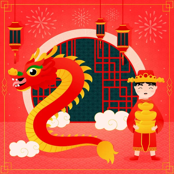 Chinese new year greeting card with dragon and cute little boy in traditional costume holding ingots and lanterns — Stock Vector