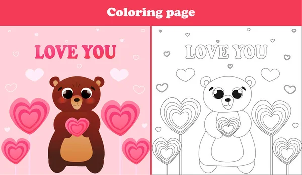 Printable worksheet with coloring page for valentine day with cute bear character holding heart candy and candy trees — Stock Vector