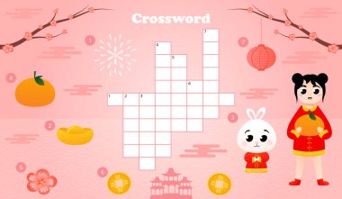 Tatlı tavşan karakterli çocuklar ve pembe arka planda geleneksel kostümlü kızlar için yeni yıl bulmacası.