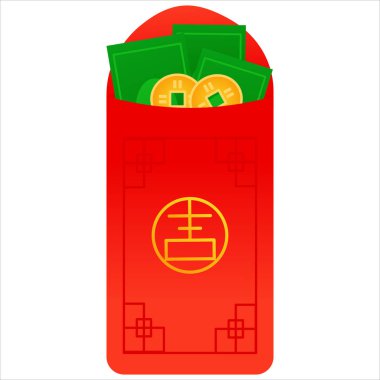 Beyaz arkaplanda izole edilmiş bozuk para ve para içeren Çin kırmızı zarfı, çizgi film tarzında ay yeni yılı unsuru