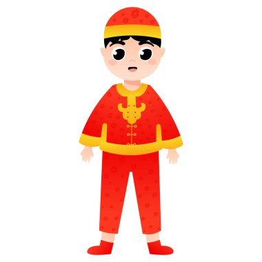 Yeni yıl için çizgi film stili Çin kostümü giymiş yakışıklı çocuk. Dekoratif unsur.