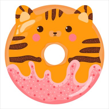 Tatlı kaplan ya da yüzü pembe donutlu kırmızı kedi, çizgi filmdeki çocuklar için lezzetli tatlılar beyaz arka planda izole edilmiş, fırın tasarımı için element