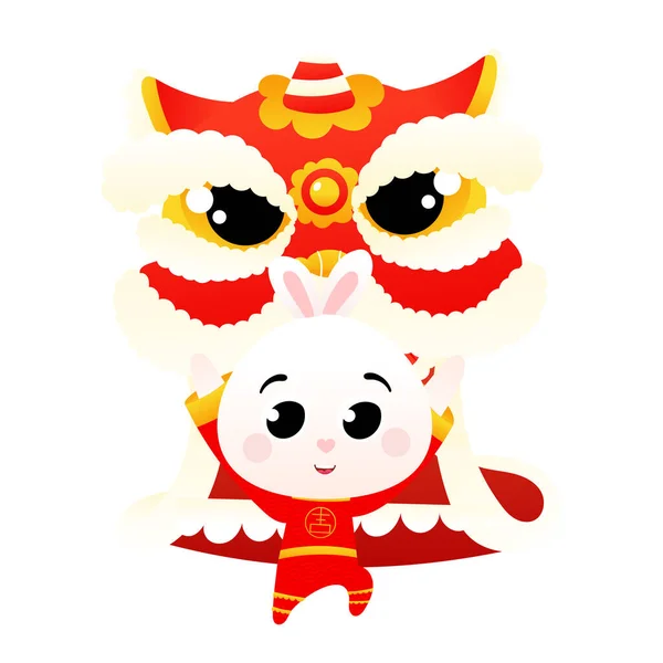 Lapin mignon en costume national chinois dansant la danse du lion dans le style de dessin animé pour nouvel élément décoratif lunaire de l'année — Image vectorielle