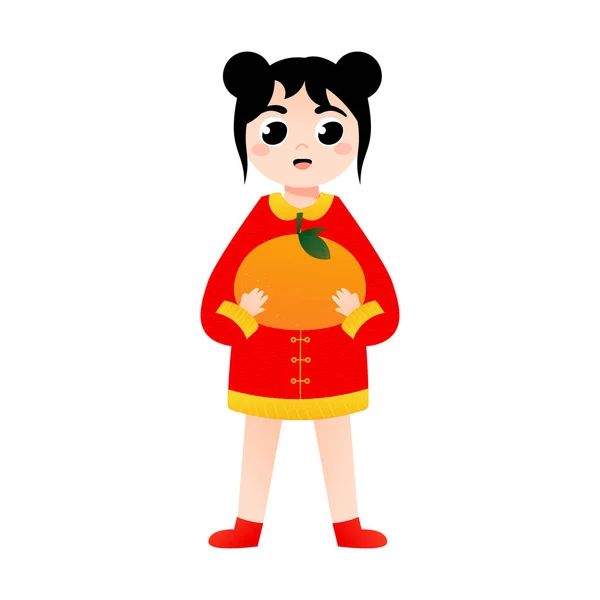 Fille mignonne en costume national chinois tenant mandarine dans le style de dessin animé pour nouvel élément décoratif lunaire année — Image vectorielle