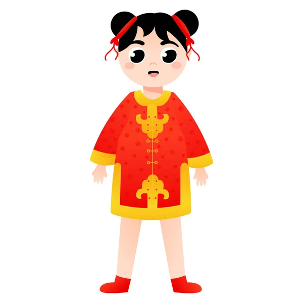 Jolie Fille Costume National Chinois Debout Dans Style Dessin Animé — Image vectorielle