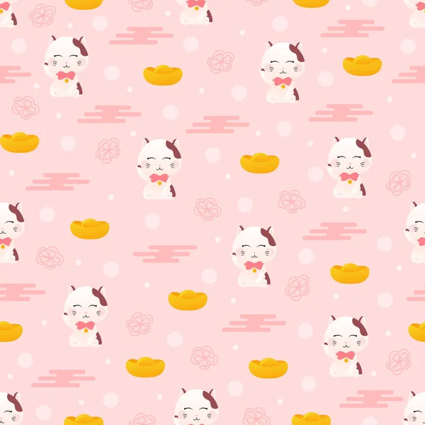 Щасливий Японський Кіт Злитками Манекекі Стилі Дитячого Мультфільму Рожевому Тлі — стоковий вектор