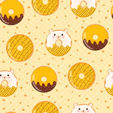 Sarı arka planda çizgi film stili çocuklar için şirin renkli ayı çörekleri, çocuk tarzında basım için lezzetli fırın süsü veya kafe tasarımı.