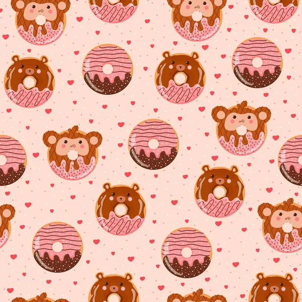 Cute Colorful Bear Monkey Donuts Seamless Pattern Kids Cartoon Style — Stock Vector