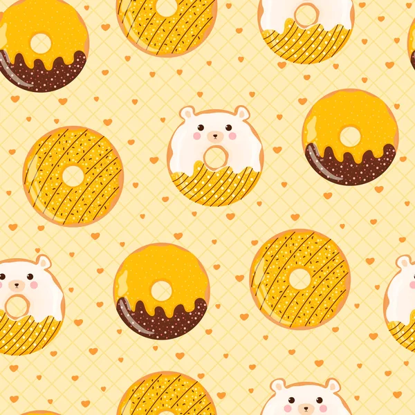 Cute Colorful Bear Donuts Seamless Pattern Kids Cartoon Style Yellow — Stock Vector