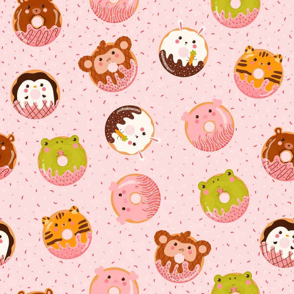 以粉色背景为背景 以卡通风格为儿童设计的精美多彩的动物甜甜圈无缝图案 以孩子气风格为儿童设计的美味烘焙饰品 — 图库矢量图片