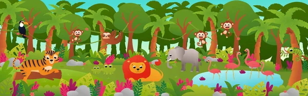 Paisagem Floresta Tropical Selva Com Animais Bonitos Banner Web Com — Vetor de Stock