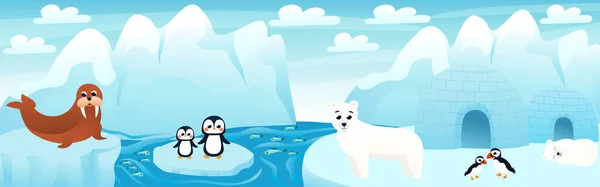 Paisagem Polar Com Animais Desenhos Animados Bonitos Com Peixes Iceberg — Vetor de Stock