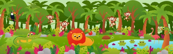 Floresta Tropical Selva Paisagem Com Animais Bonitos Banner Web Com — Vetor de Stock