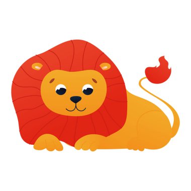 Çizgi film afrika aslanı çocuksu bir tarzda karakter sergiliyor, beyaz arka planda izole hayvanat bahçesi hayvanı, poster veya desen için tasarım unsuru, savannah fauna