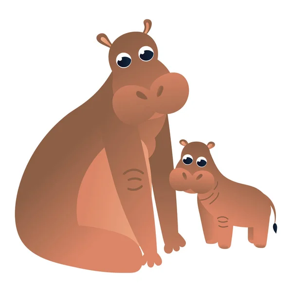 Cartoon Hippo Karakter Zitten Met Baby Kinderachtige Stijl Dierentuin Dier — Stockvector