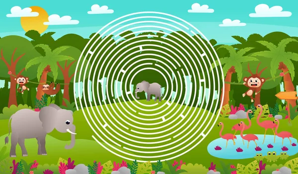 Labirinto Círculo Floresta Tropical Selva Para Crianças Com Personagens Elefantes — Vetor de Stock