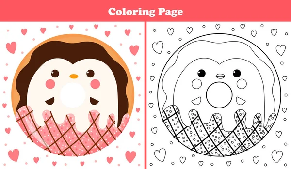 Printable Coloring Page Kids Sweet Penguin Shape Donut Icing Chocolate — Stock Vector