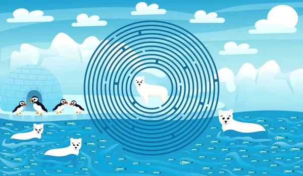 为有可爱北极熊 松饼角色和厕所的孩子设计的北极景观和圆形迷宫 帮助寻找正确的方法 为学校设计卡通风格的可打印工作表 动物野生动物主题 — 图库矢量图片