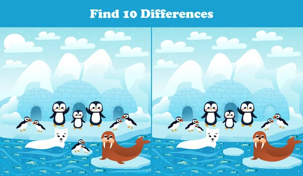 Keresse Meg Tíz Különbség Nyomtatható Munkalap Sarkvidéki Pingvinek Fókák Gömbök — Stock Vector