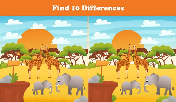 Encontre Dez Diferenças Planilha Imprimível Com Elefantes Safári Africanos Girafas — Vetor de Stock