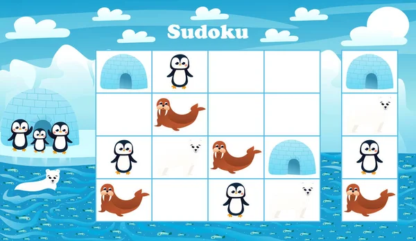 北極のペンギンとホッキョクグマと子供のSudokuゲーム 北極点の動物のキャラクターと時間を節約するための印刷可能な教育ワークシートの謎 — ストックベクタ
