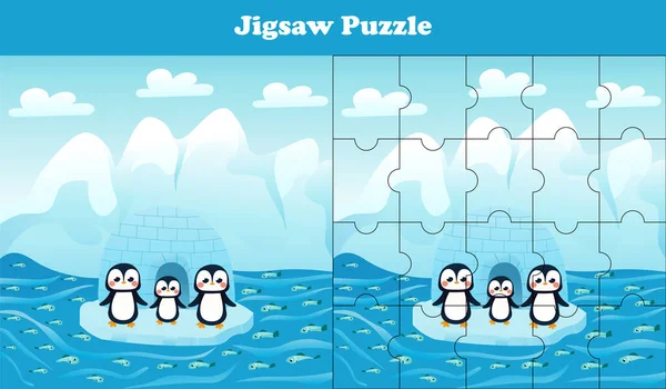 北極の野生動物とジグソーパズルゲーム-かわいいペンギン、漫画スタイルの子供のための印刷可能なwowkshet 、論理的なゲーム — ストックベクタ