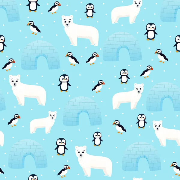 Seamless childish pattern with polar bear, penguin and puffin. Creative kids design. Perfect for fabric, textile — Stock Vector