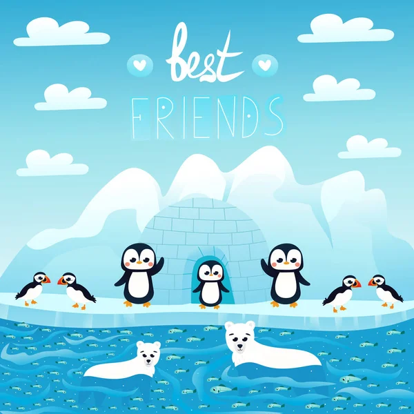 Printable poster with best friend hand drawn lettering and arctic wildlife - polar bears, penguins and puffins — Stock Vector