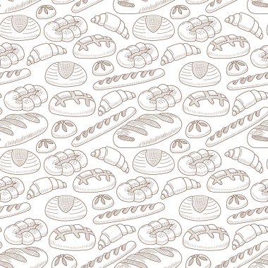 Beyaz arka planda menü tasarımı veya fırın için elle çizilmiş fırın deseni, farklı ekmek türleriyle karalama konsepti