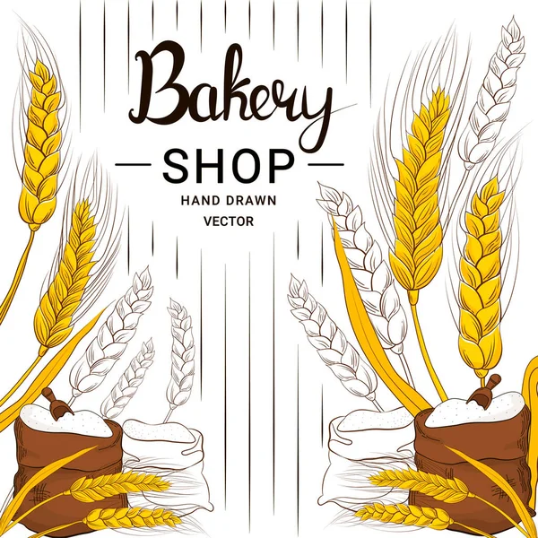 小麦收获和面粉手绘风格 用于白色背景 谷物产品 食品横幅的面包店设计 — 图库矢量图片
