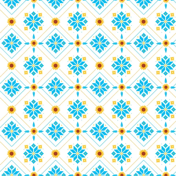 Seamless Pattern Sunflowers Embroidered Elements National Blue Yellow Colors White — Stock Vector