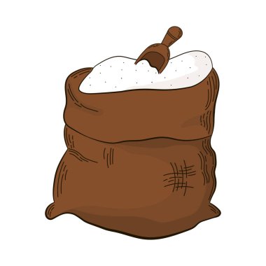 Poster, etiket veya pastane menüsü, yemek taslağı için beyaz zemin üzerine çizilmiş un çuvalı