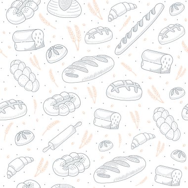 Pastane, kafe, kek dükkanı için kusursuz desen - doğrusal ekmek ve buğday ikonları içeren ambalaj tasarımı ambalaj kağıdı