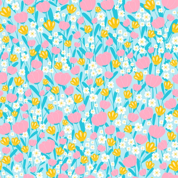 Spring Floweral Seamless Pattern Blue Background Surface Design Wrapping Paper — 图库矢量图片