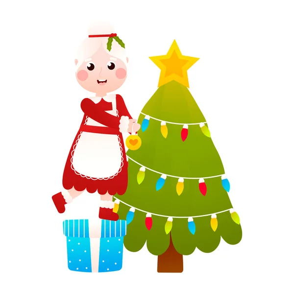 Mrs Santa Claus Character Decorating Christmas Tree Gift Boxes Cartoon — Vetor de Stock
