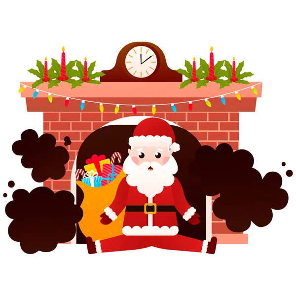 Santa Claus Character Sitting Christmas Fireplace Bag Gifts Cartoon Style — Vetor de Stock
