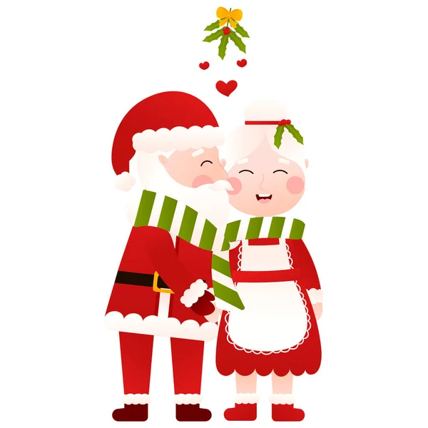 Mrs Santa Claus Kissing Mistletoe Christmas Party Cartoon Style White — Vetor de Stock