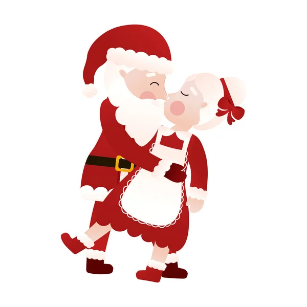 Santa Mrs Claus Dancing Together Kissing Cartoon Style White Background — Vetor de Stock