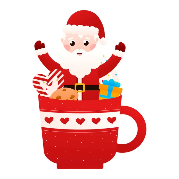 Santa Claus Character Sittig Red Cup Cocoa Cartoon Style White — Vetor de Stock