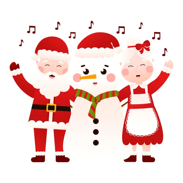 Mrs Santa Claus Singing Xmas Carols Snowman Cartoon Style White — Vetor de Stock