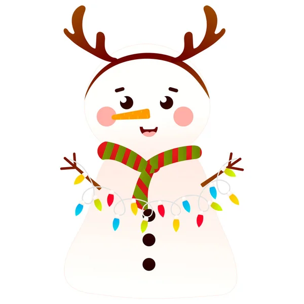 Cute Snowman Reindeer Headband Holding Christmas Lights Garland Cartoon Style — Vetor de Stock