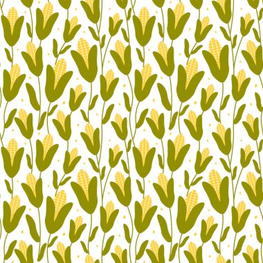 Corn crop seamless pattern on white background in cartoon style for textile print or packaging design, vegetable ornament