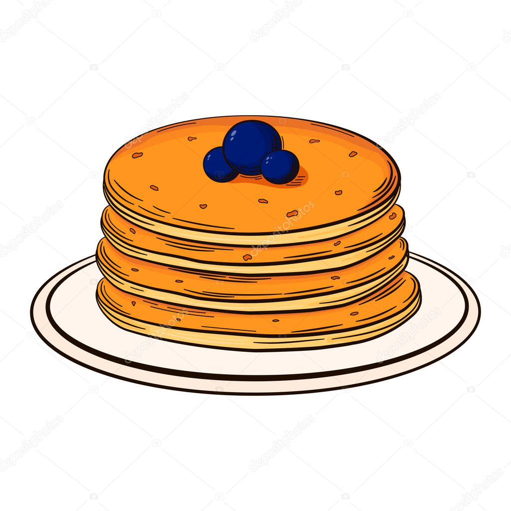 Stack of pancakes with berries on plate in retro style isolated on white background for menu design or print