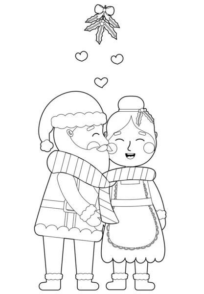 Santa Mrs Claus Kissing Mistletoe Coloring Page Christmas Chldren Activity — Stockvektor