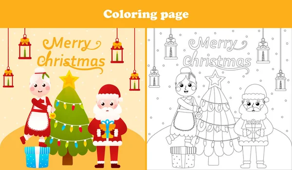 Santa Mrs Claus Decorating Christmas Tree Coloring Page Children Activity — Stockvektor