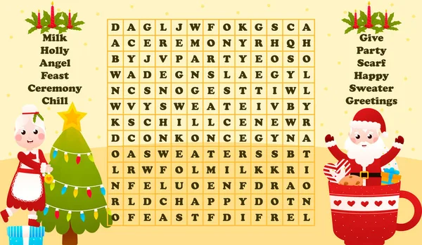 Christmas worksheet with word search game with santa claus cdecorating home for holidays, printable riddle for kids in cartoon style