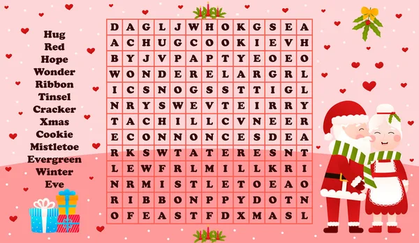 Christmas worksheet with word search game with santa claus and mrs claus kissing, printable riddle for kids for winter holidays in cartoon style