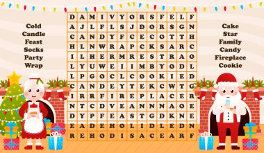 Christmas worksheet with word search game with santa claus eating cookies and mrs claus holdind milk, printable riddle for kids for winter holidays in cartoon style