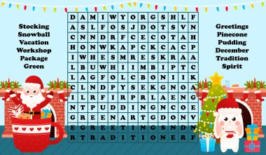 Christmas worksheet with word search game with santa claus sitting in cup with cacao and cute bunny holding gift box, printable riddle for kids for winter holidays in cartoon style