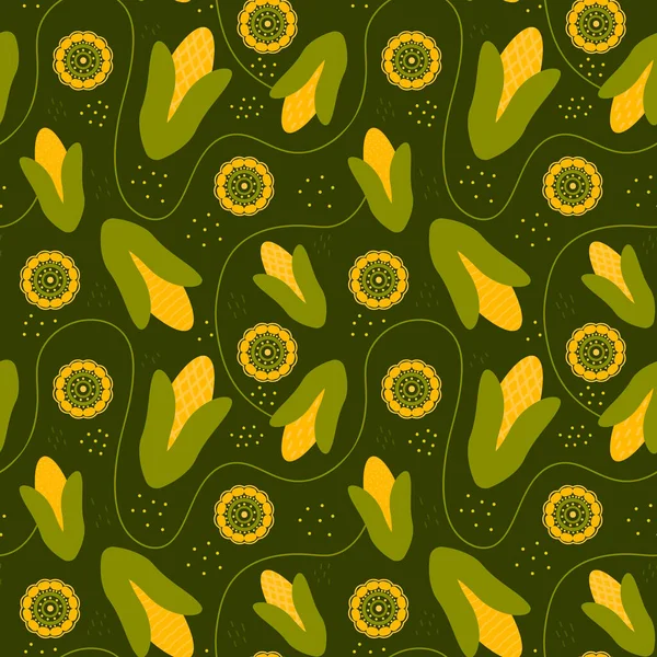 Seamless Corn Pattern Dark Green Background Cartoon Style Textile Print — Stock vektor